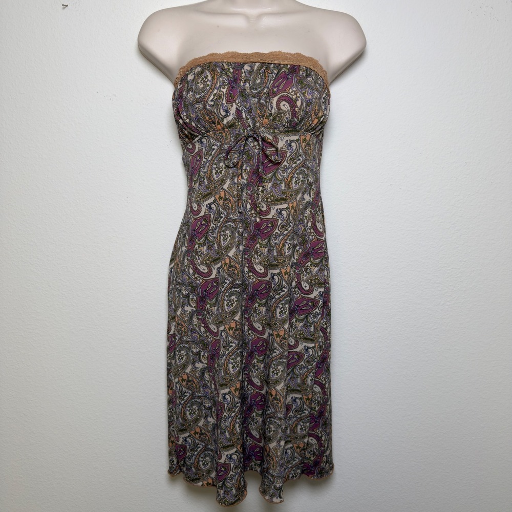 VTG y2k Women Milkmaid Mini Tube Dress Large Paisley Lace Trim Goblin Indie Boho
